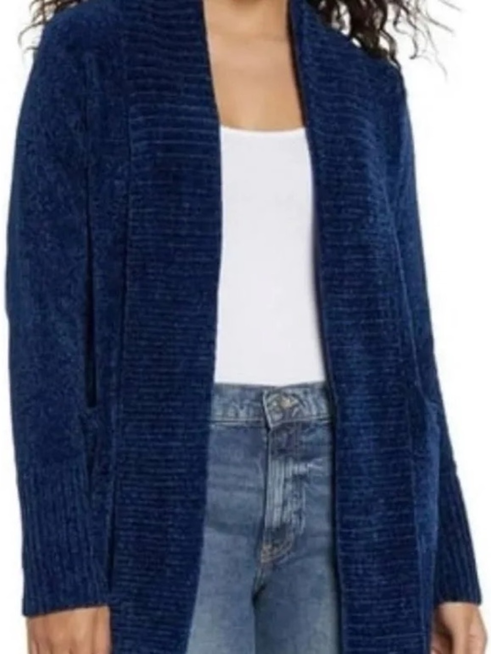 Orvis Navy Open-Front Ribbed Knit Cardigan